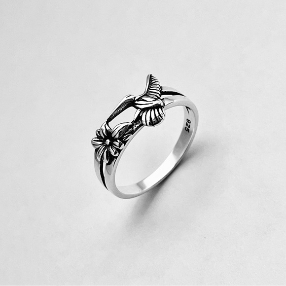 Sterling Silver Flower and Hummingbird Ring, Bird Ring, Silver Rings, Animals - Picture 12 of 14
